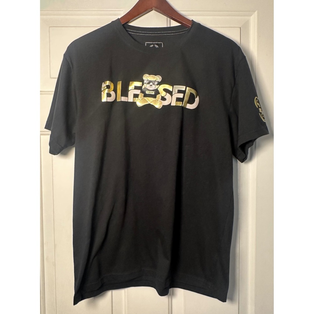 Chrome Edge CR24 Mens‎ Black Blessed Teddy Bear Graphic T-Shirt Gold Large L